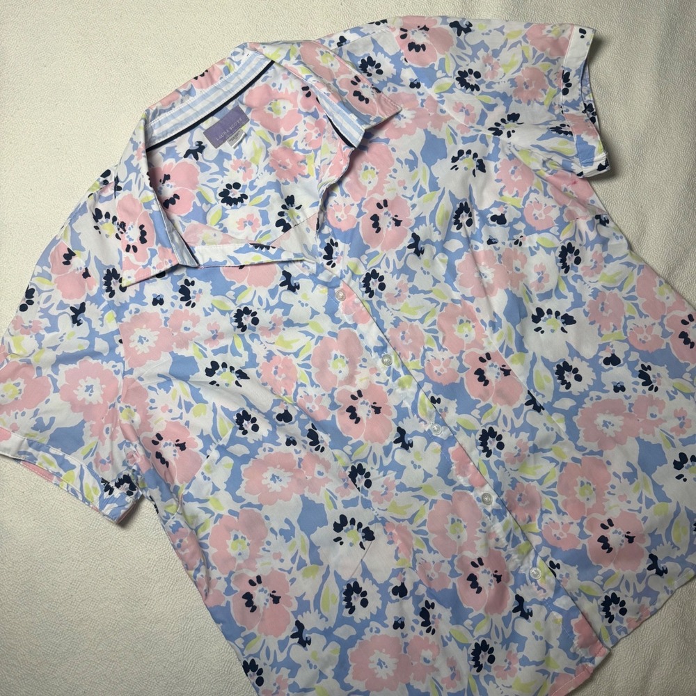 Laura Scott Womens 1X Floral Button Up Shirt Pink Blue Short Sleeve Blouse